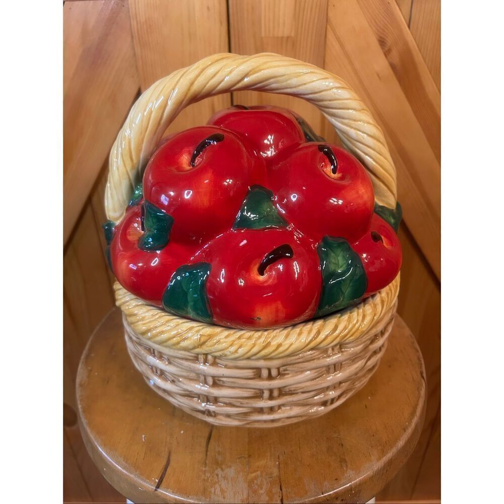 Vtg Ceramic Basket Of Red Apples Cookie Jar Handle Orchard Canister Farm House (